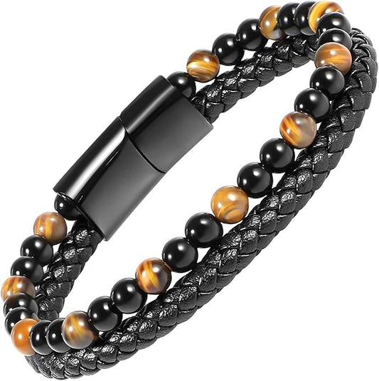 Tiger Eye Black Leather Bracelet Men Natural Tiger Eye Gemstone Crystal Stone Jewelry Handmade Courage And Stress Relief Protection Bracelet
