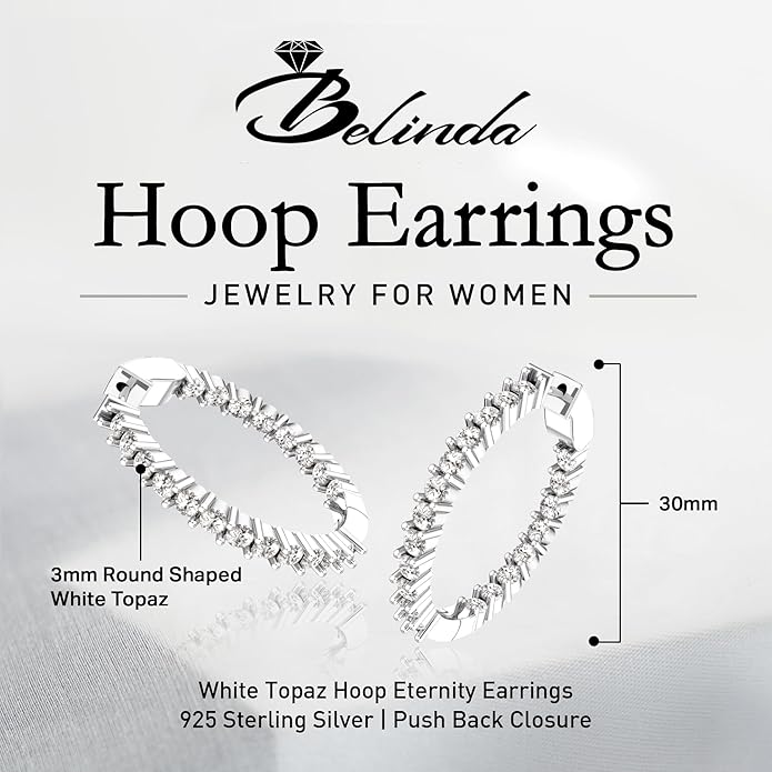 Hoop Earrings with 40 Colored Gemstones, Birthstone Earrings, 925 Sterling Silver Rhodium Plated, Push Back Closure, 1.18'