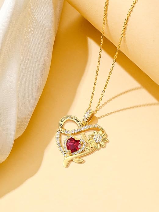 14K Gold Sunflower Heart Necklace for Women, You Are My Sunshine Jewelry with Birthstone Pendant, Anniversary Birthday Gifts for Her Wife Mom Grandma Daughter