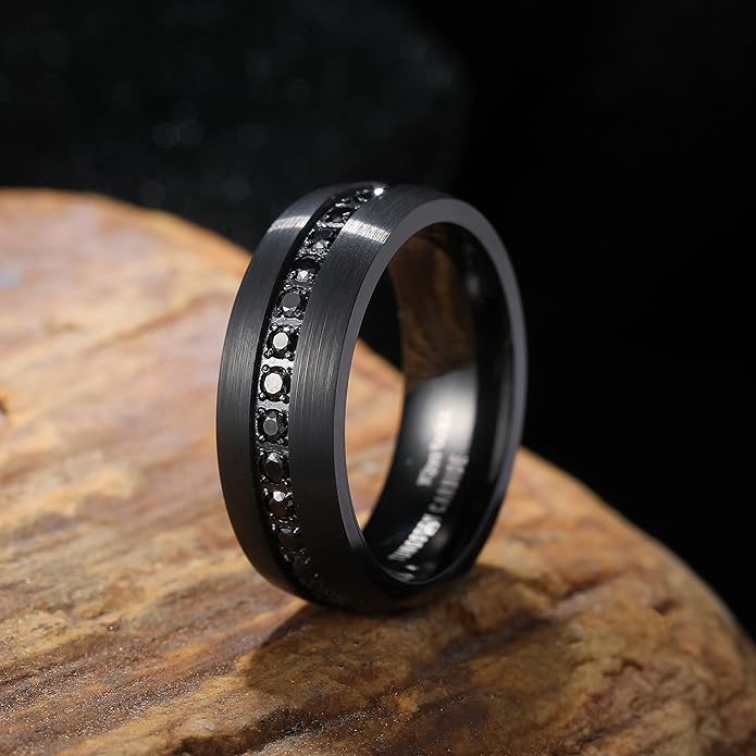 King Will Mens Tungsten Wedding Band with Cubic Zircon Inlay 7mm/8mm Flat Cut Comfort Fit Engagement Rings