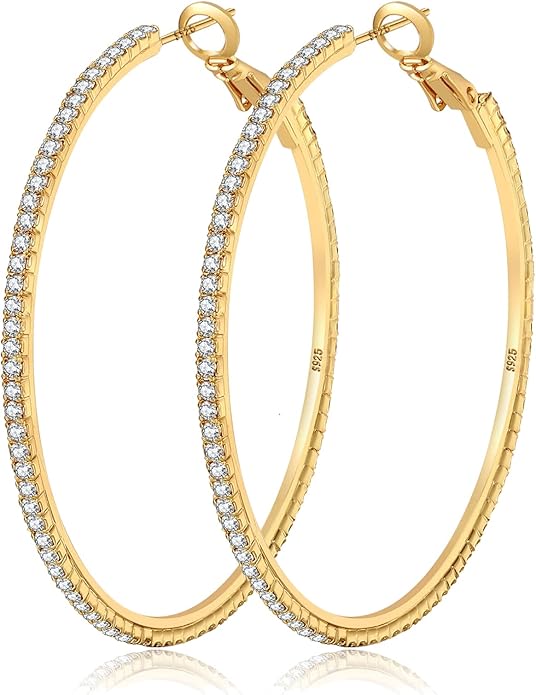 925 Sterling Silver Earrings Large Rhinestone Hoop Earrings Big Cubic Zirconia Hoop Earrings Thin Rhinestones Round Hoop Earrings for Women 20/30/40/50/60/70mm Sparkly Hoops With Crystals for Womens
