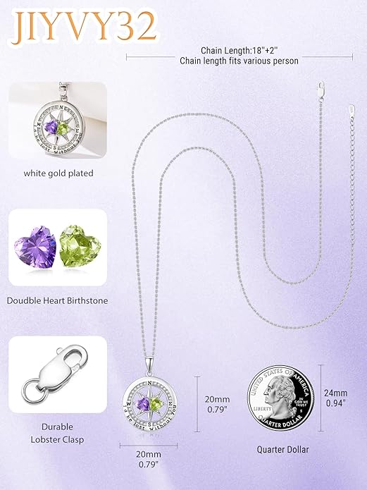 Compass Birthstones Necklace for Women, Exquisite Anniversary Birthday Gifts for Wife Her Double Birthstone Pendant jewelry ‘I'd be Lost Without You’