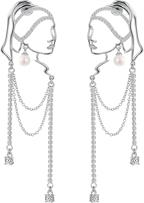 Unique Abstract Face Art | Dangle Statement Long Earrings for Women | Rhinestone Tassel Handmade Chandelier Earrings
