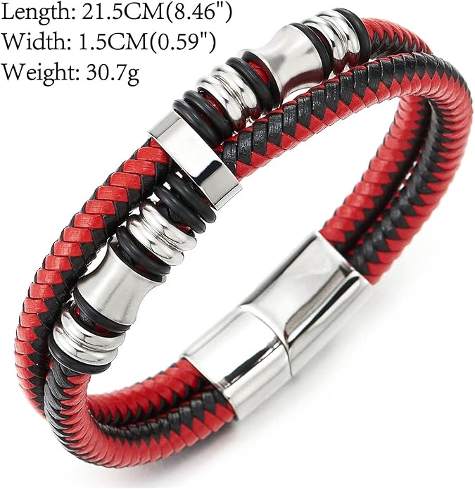COOLSTEELANDBEYOND Mens Double-Row Braided Leather Bracelet Bangle Wristband with Stainless Steel Ornaments