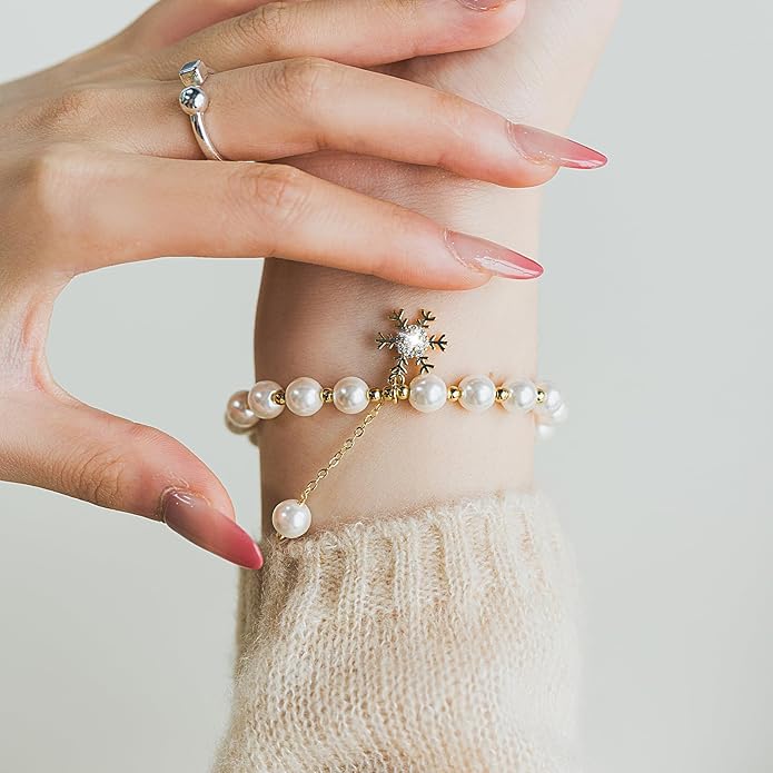 Cowlyn Pearl Bracelets for Women - Dainty 14K Gold Plated Beaded Pearl Link Chain Birthday Christmas Jewelry Gifts for Women