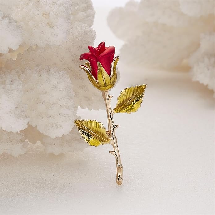 QLUYCKW Rose Flower Brooch Pin for Women Fashion Dainty Gold Plated 3D Red Roses Floral Crystal Brooch Pin Birthday Dress Suit Accessories Jewelry
