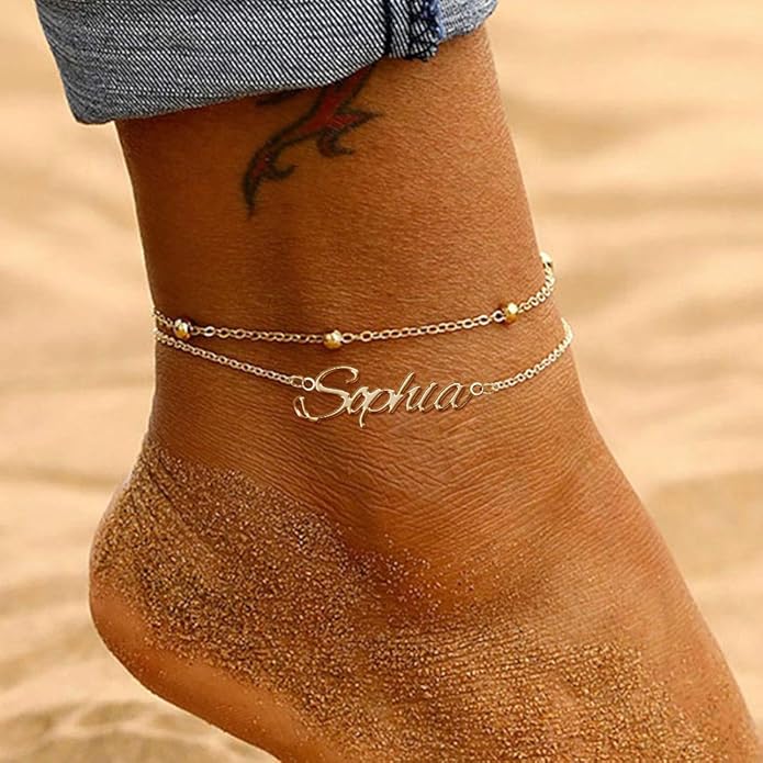 Personalized Name Ankle Bracelet for Women Custom Layered Name Anklet with Initials 18K Gold Plated Graduation Gift Customized Anklets for Women 8.7”-10.7”