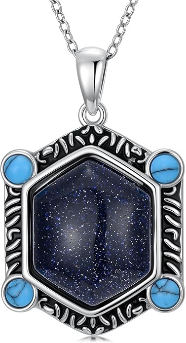 Unisex Vintage Bohemian Necklace Hexagon Blue Sandstone Pendant Necklace with Turquoise, 18+2" Adjustable Western Chain for Men and Women