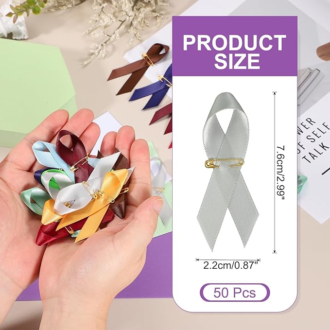 PATIKIL 50 Pcs Polyester Ribbon Satin Pins, Satin Ribbon with Safety Pins for Charity Public Social Event Party Clothing Decoration Anniversary, Light Silver