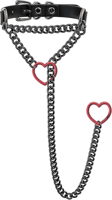 Handmade Black Heart Choker Collar For Women, Punk Gothic O-ring Slip Chain Necklace with Adjustable Vegan Leather Buckle