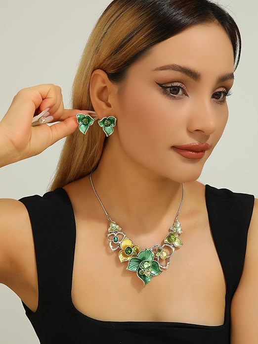 Vintage Chunky Statement Jewelry Set Retro Leaf Floral Geometric Bohemian Boho Bib Necklace Earring Set Fashion Costume Jewelry for Women Girls Wedding Party Prom Unique Gift