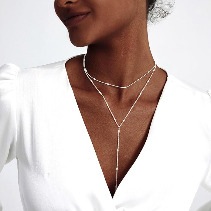 Zeffy Lariat Gold Necklace for Women, Dainty Long Necklace 14k Gold/Silver Plated Layered CZ Beaded Bar Chain Y-Shaped Body Chain Stack Drop Wedding Necklace Trendy Simple Gold Jewelry Gifts