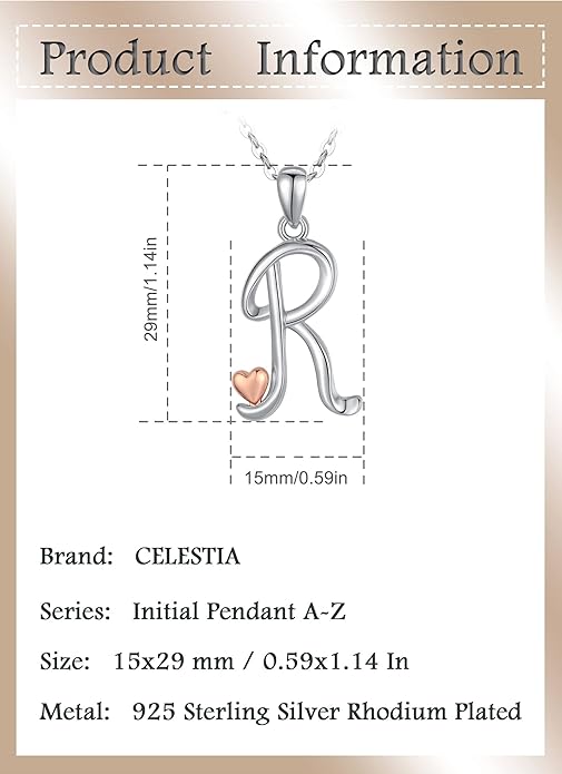 CELESTIA 925 Sterling Silver Initial Necklaces 26 Letter with Rose Gold Heart - 18 Inch Chain