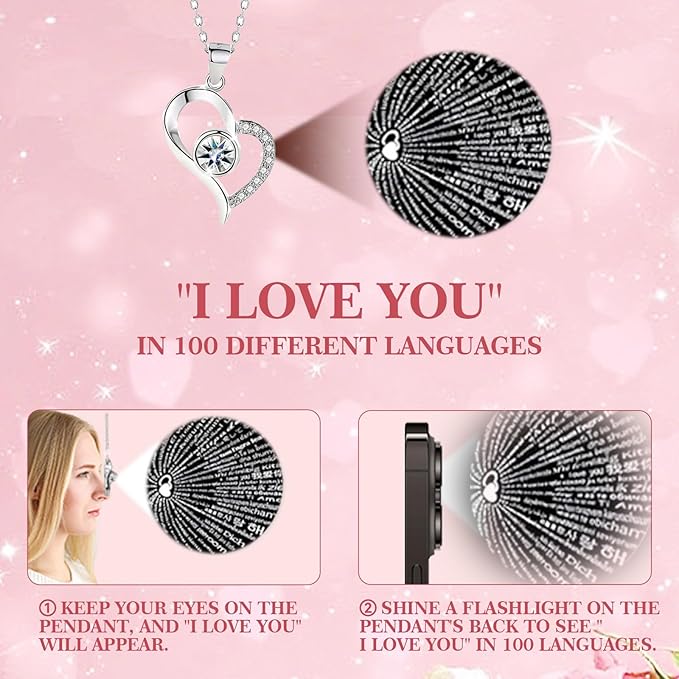 Preserved Real Roses with Heart Necklace I Love You in 100 Languages, Romantic Anniversary Christmas Valentines Day Gifts for Her Women Wife Girlfriend Mom, Forever Roses Necklace Gifts Red