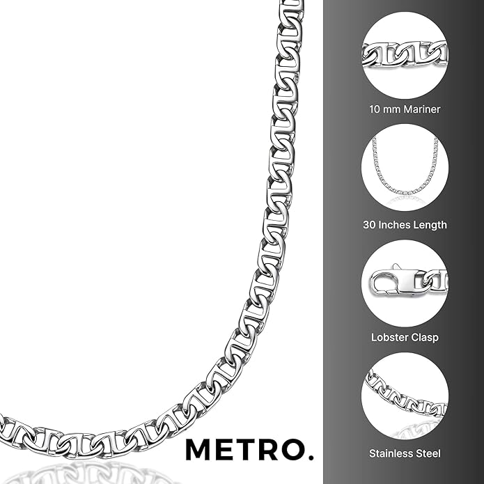 Metro Jewelry Stainless Steel Mariner Link Necklace for Men with Yellow Gold or Black Ion Plating 20 to 30 Inch Chain with Lobster Claw 10MM