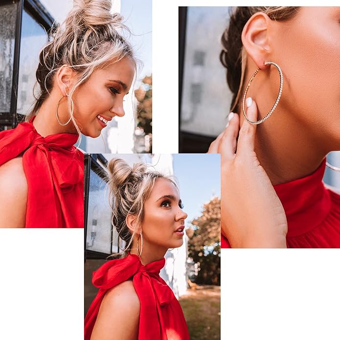 925 Sterling Silver Earrings Large Rhinestone Hoop Earrings Big Cubic Zirconia Hoop Earrings Thin Rhinestones Round Hoop Earrings for Women 20/30/40/50/60/70mm Sparkly Hoops With Crystals for Womens