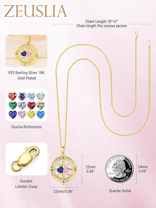 Zeuslia Double Birthstone Necklace Gifts for Wife - 925 Sterling Silver Sunflower/Rose/Crown Cross/Compass/Heart Pendant I Love You Necklace, Anniversary Birthday Gifts for Wife Girlfriend Mom Her