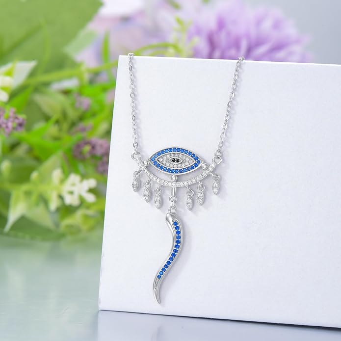 PELOVNY Evil Eye Necklaces 925 Sterling Silver Nazar Eye Protection Necklace Amulet Jewelry Gifts for Women