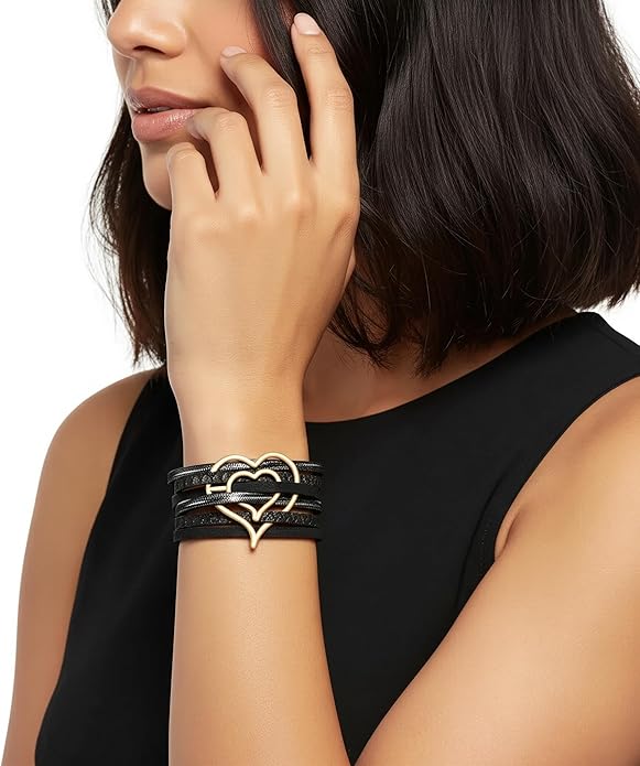 Edoneery Leather Wrap Bracelet for Women, Boho Handmade Multi-Layer Cuff with Crystal Beads Heart, Stackable Bangle Western Jewelry Gift