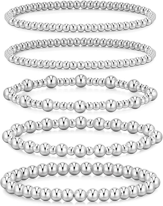 adoyi Gold Bracelets for Women Waterproof, 14K Gold Plated Beaded Strand Bead Ball Bracelets stack Adjustable Jewelry Set for Gifts