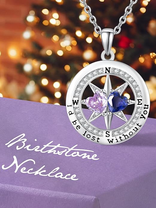 Compass Birthstones Necklace for Women, Exquisite Anniversary Birthday Gifts for Wife Her Double Birthstone Pendant jewelry ‘I'd be Lost Without You’