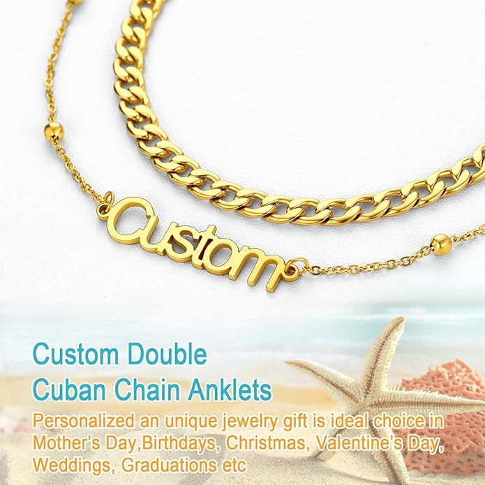 U7 Custom Layered Ankle Bracelets for Women Stainless Steel Bead/Cuban/Figaro/Rope/Wheat Chain Anklet Waterproof Anklet Jewelry for Beach Vacation