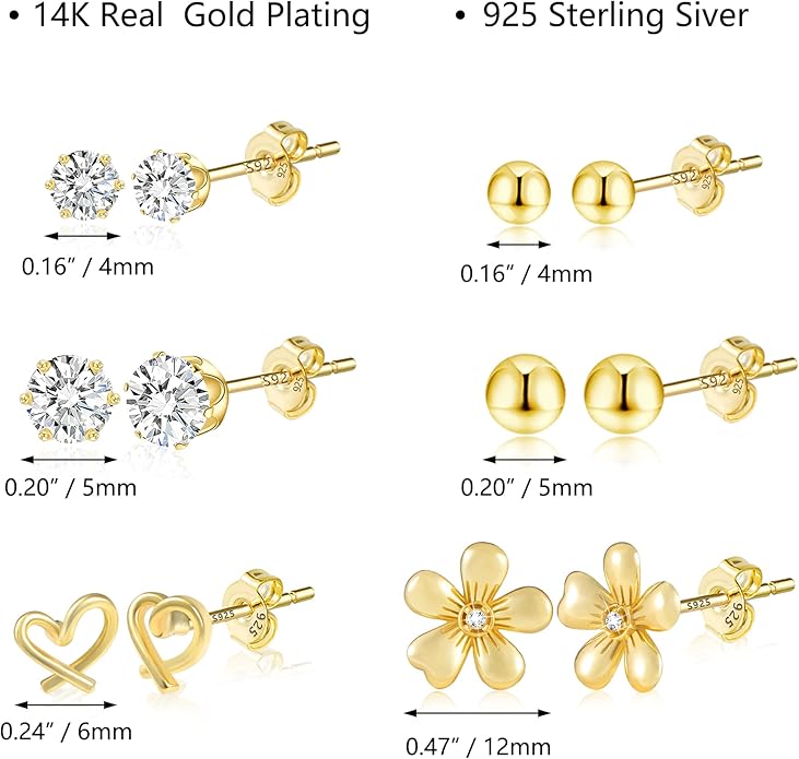 Stud Earrings for Women Hypoallergenic Sterling Silver Post Hoop and Studs Earrings Set for Multiple Piercing Small Ball Cubic Zirconia Earring Studs for Women Trendy Jewelry Gifts（6 Pairs）