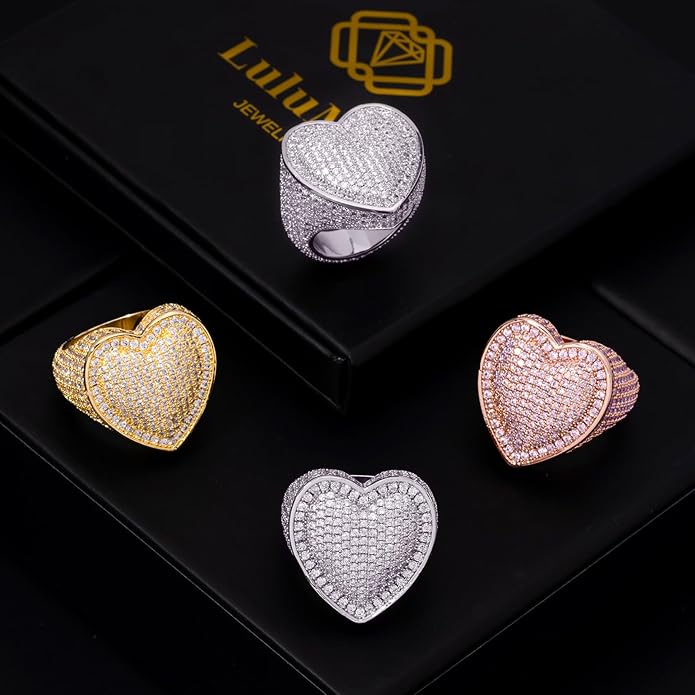 Iced Out Jewelry 5A Cz Stones Shiny Baguette Heart Engagement Gold Luxury Diamond Ring, Hip Hop Bling Bling 18K Gold Plated Party Pinky Ring Men Women