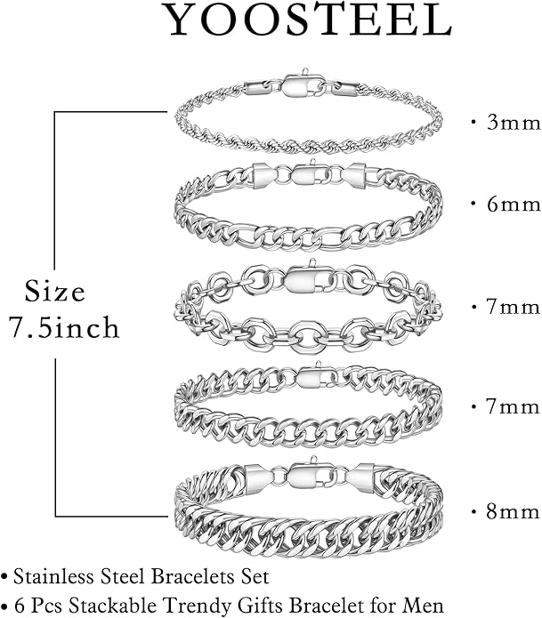 Yoosteel Mens Bracelets - Silver Chain Bracelet Stainless Steel Cuban Link Stack Bracelets Sturdy Rope Paperclip Chains Set 7.5/8.3/9 inches Trendy Jewelry for Men