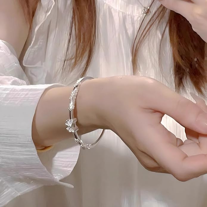 S925 Silver Bangle Bracelet for Women, Elegant Women‘s Sterling Silver Bracelet Bangle Adjustable 6.4-7.8 inches Small Size