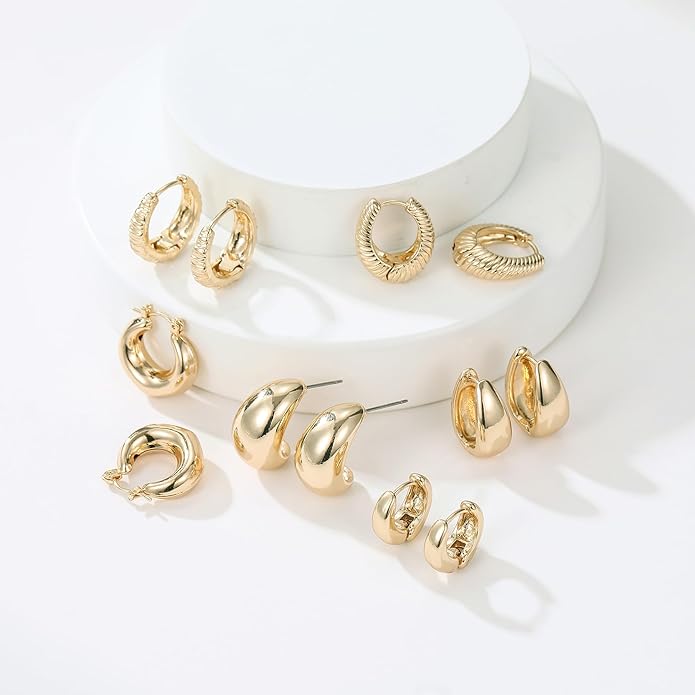 6 Pairs Gold Hoop Earrings for Women, 14K Gold Plated Lightweight Chunky Hoop Earrings Set Hypoallergenic, Thick Open Huggie Hoops Earrings Jewelry for Gifts.