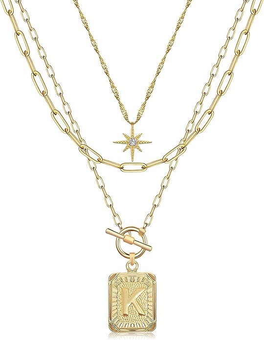 MJartoria Layered Initial Necklaces for Women Trendy, 14K Gold Plated Brass Simple Star Choker Square Letter Pendant Necklace, Paperclip Chain Necklaces Jewelry Gifts