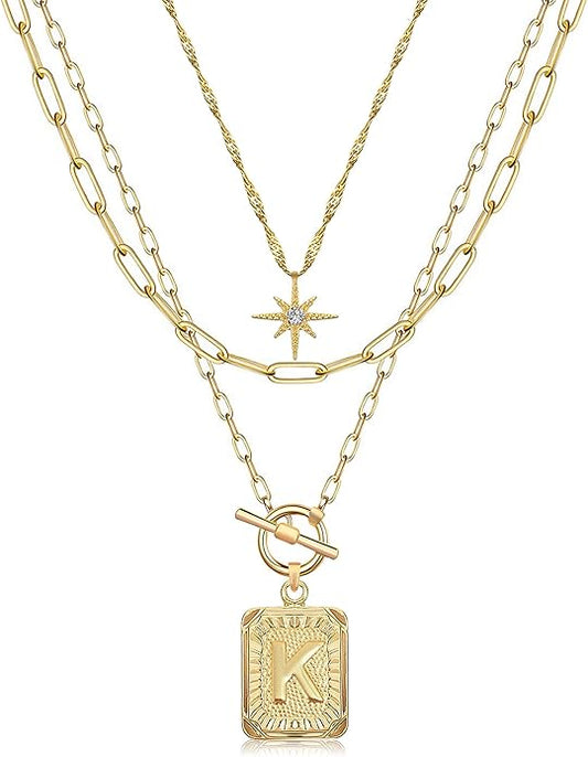 MJartoria Layered Initial Necklaces for Women Trendy, 14K Gold Plated Brass Simple Star Choker Square Letter Pendant Necklace, Paperclip Chain Necklaces Jewelry Gifts