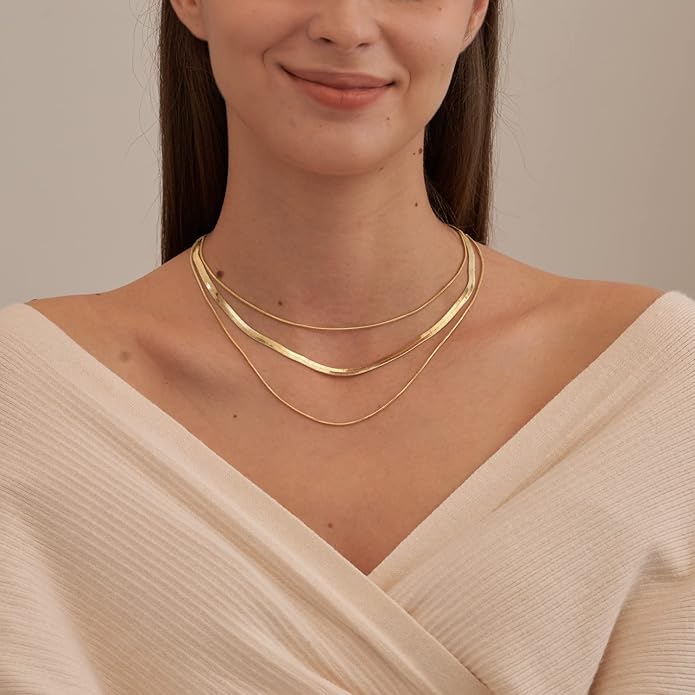 CHESKY 14K Gold/Silver Plated Snake Chain Necklace Herringbone Necklace Gold Choker Necklaces for Women Gifts Jewelry 1.5/3/5MM(W) 14"/16"(L)