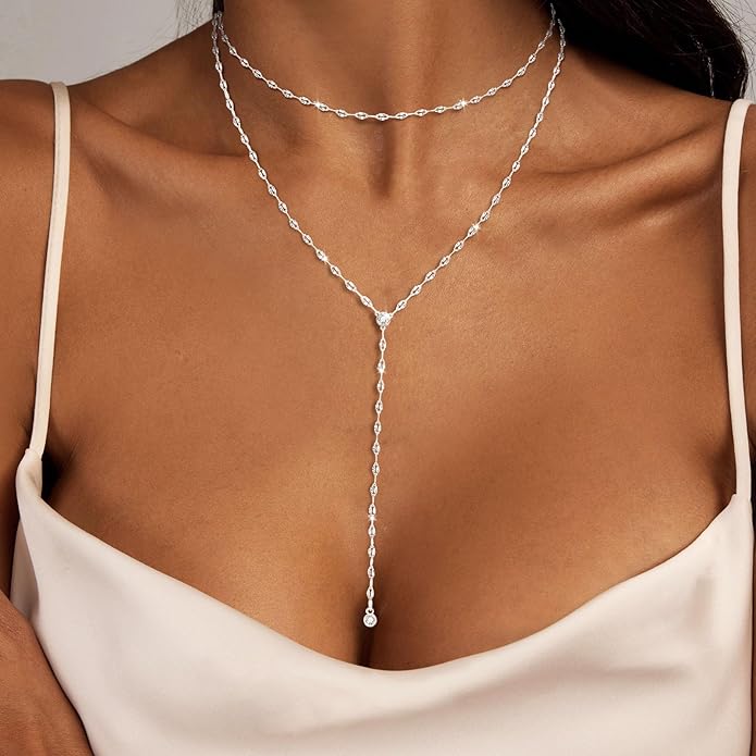 Lariat Silver/Gold Necklace for Women 925 Silver/14K Gold Plated Dainty Long Necklace Y-Shaped Drop Pendant Necklaces Choker Trendy Chain Simple Layered Necklaces CZ Jewelry for Women Set Gift