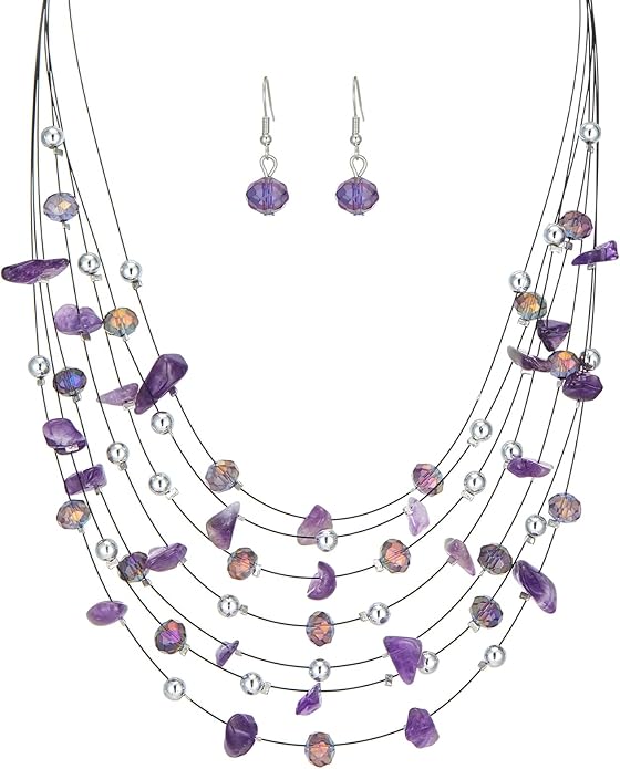 Multi-Layer Boho Shell Beaded Necklace for Women Colorful Crystal Strand with Silver Beads Statement Collars Necklace and Earrings Costumes Jewelry Sets for Women
