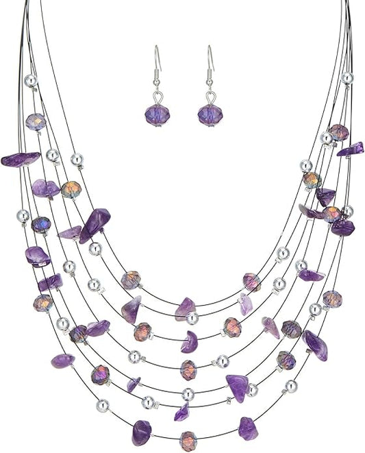 Multi-Layer Boho Shell Beaded Necklace for Women Colorful Crystal Strand with Silver Beads Statement Collars Necklace and Earrings Costumes Jewelry Sets for Women