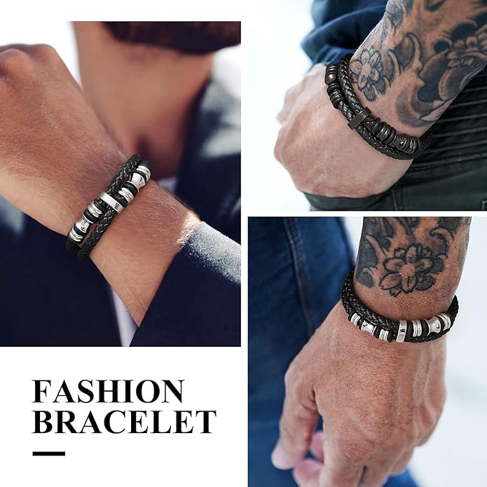 Bestyle Genuine Men Leather Bracelets Fashion Stainless Steel Celtic/Sport Ball Bead Cuff Wirstband Bracelets for Men, Size 7.5/8.3/9.1Inch