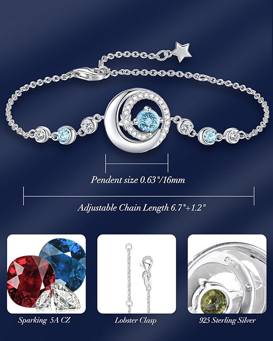 FANCIME Birthstone Bracelets 925 Sterling Silver Moon and Star Bangle Charm Bracelet Fine Jewelry Birthday Anniversary Christmas Day Gift for Her Women, Adjustable Chain 6.7"+1.2" Extend