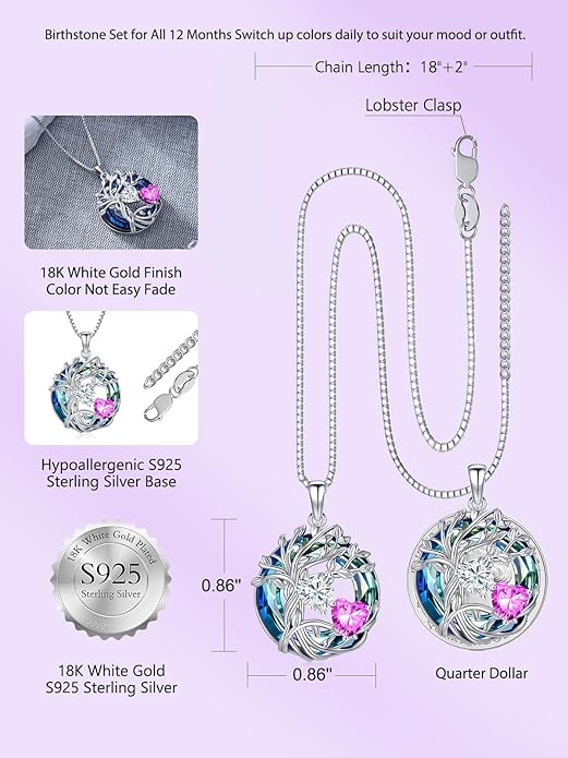 TOUPOP s925 Sterling Silver Family Celtic Tree of Life Pendant Necklaces with 2 Heart Birthstone with Blue Austrian Crystal Jewelry Birthday Anniversary Christmas Gifts for Her Wife Girlfriend Mom (18K Real White Gold Filled)