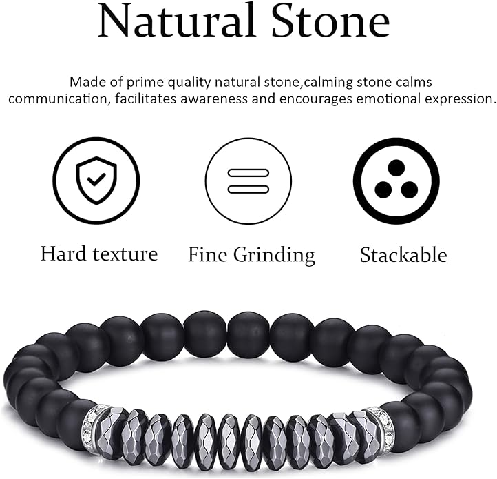 RANKEEF Tiger Eye Bracelet For Men 8MM Natural Stone Stretch Adjustable Black Crystal Beaded Bracelet for Men Women Gifts