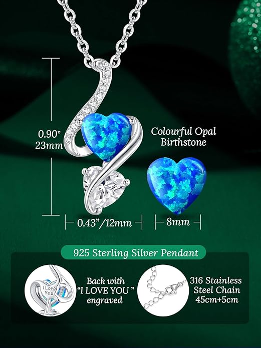 LOUISA SECRET 925 Sterling Silver Opal Birthstone Necklace, Unique Tiny Double Heart Pendant Jewelry, Engraved with "S925 I Love You" Best Birthday Gift for Women Wife Girlfriend Mom Her, Christmas Day Valentine's Day Anniversary Mother's Day