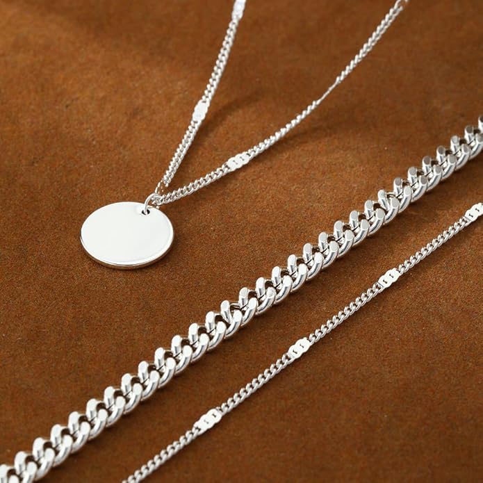 Layered Gold Silver Necklaces for Women, Stackable Stack 14K Real Gold Plated Silver Chain Necklace Diamond Circle CZ Layering Pendant Necklaces Trendy Gold Jewelry Set Gifts