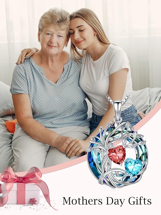TOUPOP s925 Sterling Silver Family Celtic Tree of Life Pendant Necklaces with 2 Heart Birthstone with Blue Austrian Crystal Jewelry Birthday Anniversary Christmas Gifts for Her Wife Girlfriend Mom (18K Real White Gold Filled)