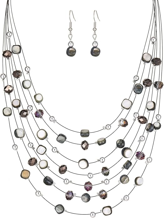 Multi-Layer Boho Shell Beaded Necklace for Women Colorful Crystal Strand with Silver Beads Statement Collars Necklace and Earrings Costumes Jewelry Sets for Women