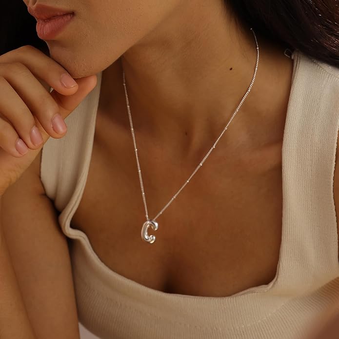 Initial Necklaces for Women, 14k Gold Plated Bubble Letter Necklace Chunky Gold Necklace Dainty Charm Initial Necklaces for Women Trendy Custom Preppy Stocking Stuff Necklace Christmas Gifts