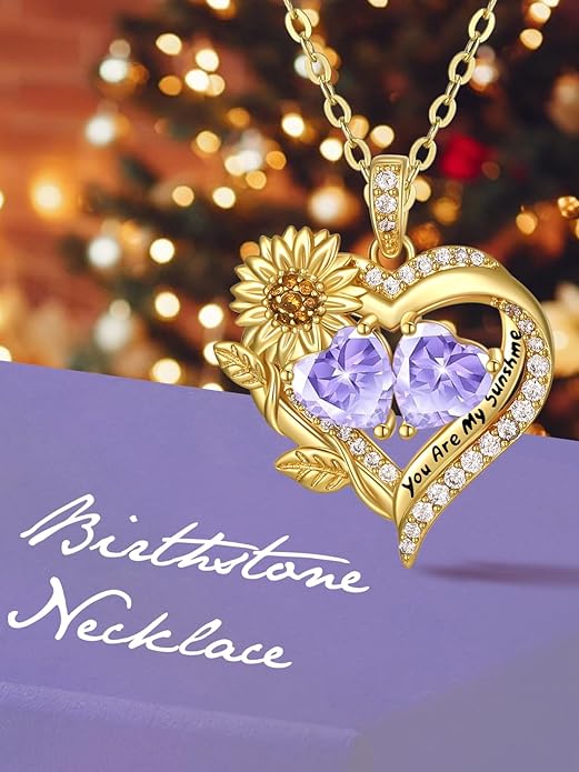 Sunflower Heart Necklace for Women 14K Gold Exquisite Anniversary Birthday Gifts for Wife Mother Her Double Birthstone Pendant jewelry‘You Are My Sunshine’