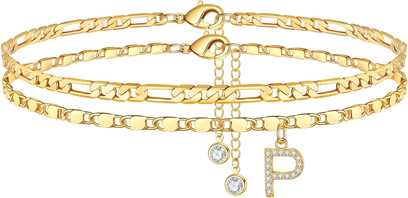 Ursteel Ankle Bracelets for Women, 14K-Gold-Plated Dainty Layered Chain CZ Initial Anklets Set Summer Jewelry Gifts for Women