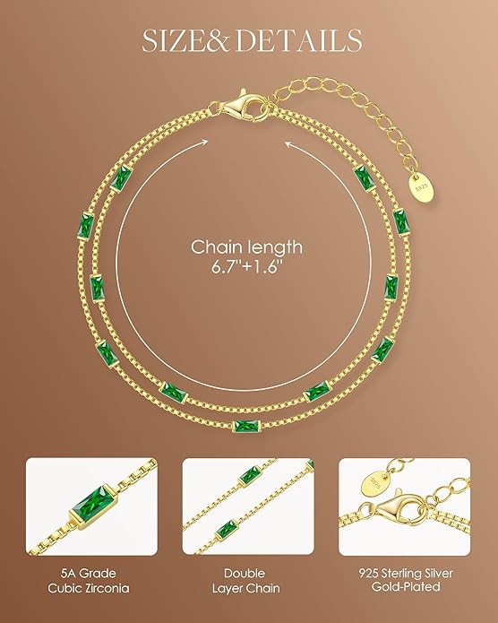 LOUISA SECRET Birthstone Bracelets for Women, 925 Sterling Silver Dainty Simple Women Charm Link Bracelet, Birthday Anniversary Jewelry Gifts for Women Wife Mom Her