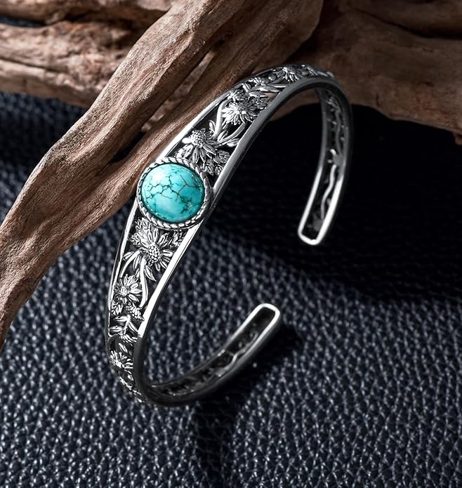 Genuine Turquoise Vintage Sunflower Bracelet Bangle, Sterling Silver Boho Adjustable Bangle Cuff Native American Jewelry for Women, Fit for 6.5 7 7.5 Inches